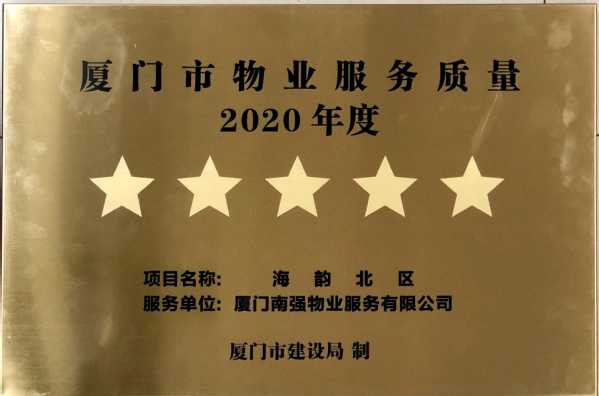 南强物业公司海韵北区荣获2020年度厦门市物业服务质量“五星级”称号